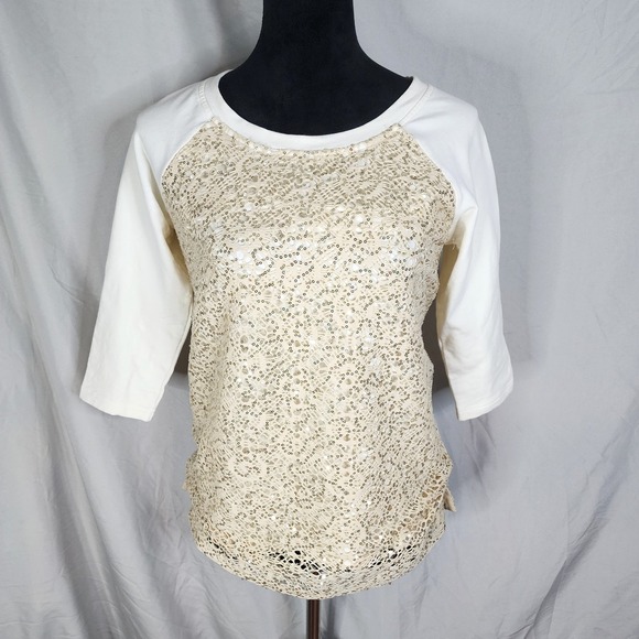 BOSTON PROPER Size XXS Gold Sequin Lace Cream‎ Raglan Sleeve Jersey Knit Shirt - Picture 1 of 10
